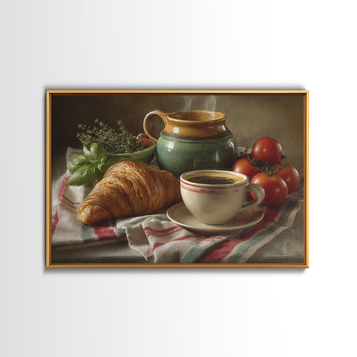 Croissant and Cappuccino on Striped Cloth Framed Canvas Print, Coffee Shop Art, Fine Art Print, Cafe Decor, Fine Art, Cafe, CSA-3x2-81