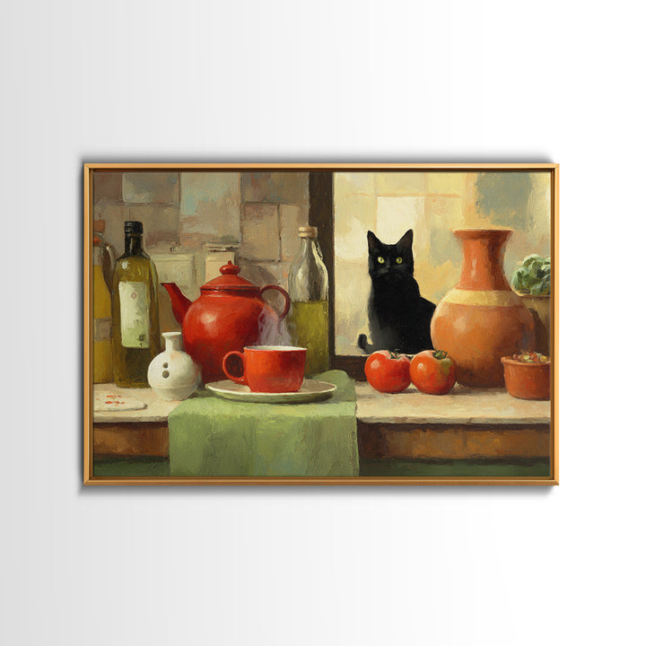 Black Cat Beside a Steaming Cup Framed Canvas Print, Coffee Shop Art, Moody Wall Art, Cafe Decor, Fine Art, Cafe, Luxury Decor, CSA-3x2-90