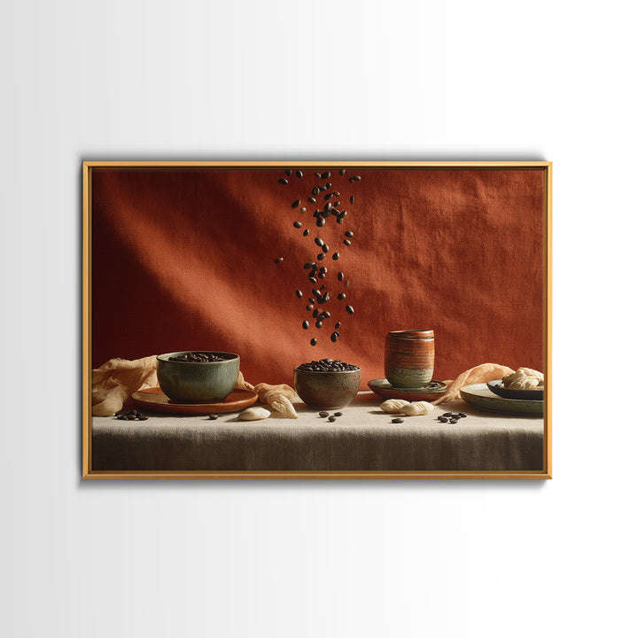 Roasted Beans Falling Through Dark Space Framed Canvas Print, Coffee Shop Art, Printable, Cafe Decor, Fine Art, Cafe, CSA-3x2-96