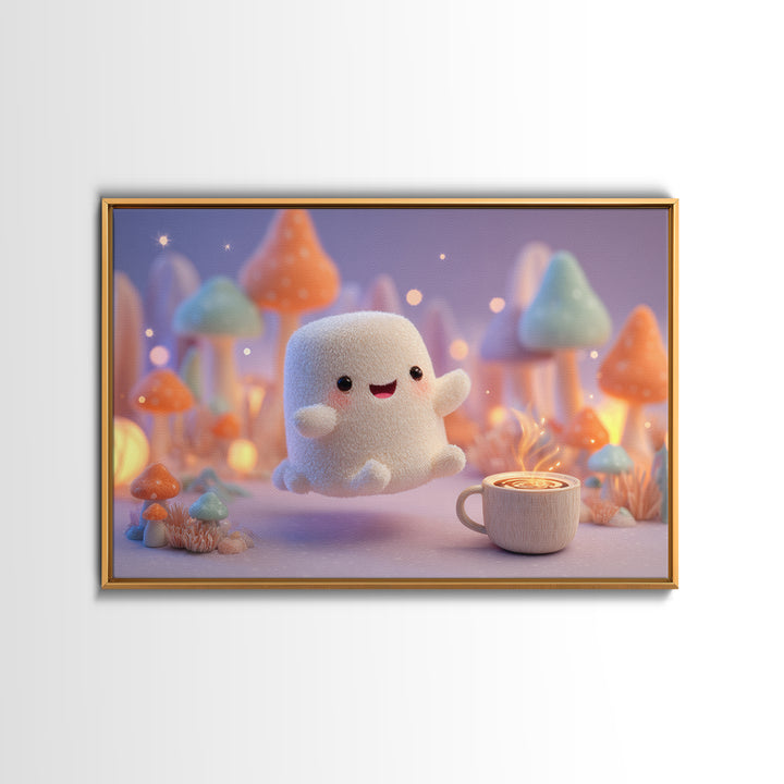 The Marshmallow Ghost, Storybook Halloween Art, Landscape Wall Art, Framed Canvas Print, Halloween Kids Decor, Whimsical Wall Art