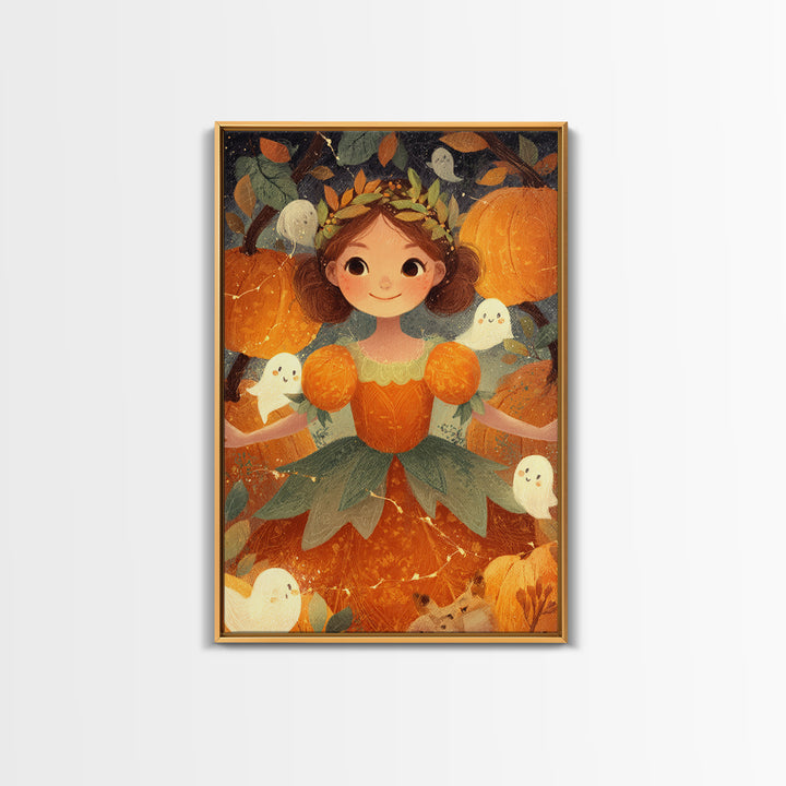 The Pumpkin Princess, Cute Spooky Wall Art, Vertical Wall Art, Canvas Print, Halloween Kids Decor, Whimsical Wall Art, Spooky Wall Decor