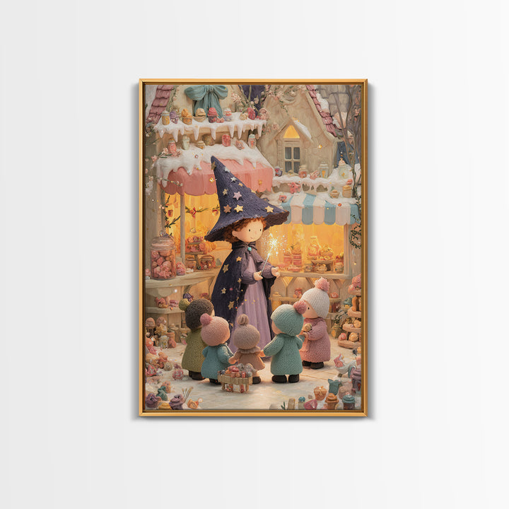 The Little Star Witch, Cute Halloween Wall Art, Vertical Wall Art, Framed Canvas Print, Halloween Kids Decor, Whimsical Wall Art