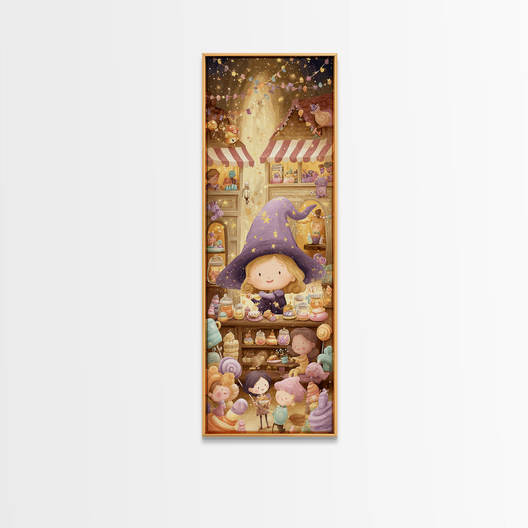 The Little Star Witch, Whimsical Halloween Art, Tall Narrow Wall Art, Framed Canvas Print, Halloween Kids Decor, Whimsical Wall Art