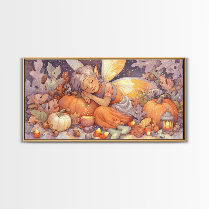 The Candy Corn Fairy, Storybook Halloween Art, Wide Panoramic Art, Canvas Print, Halloween Kids Decor, Whimsical Wall Art