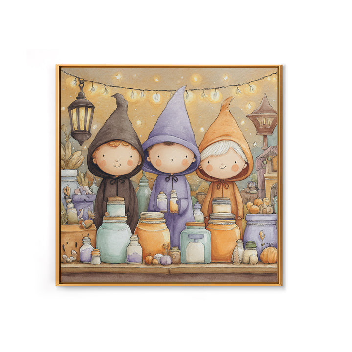 The Moonbeam Wizard, Storybook Halloween Art, Square Wall Art, Framed Canvas Print, Halloween Kids Decor, Whimsical Wall Art