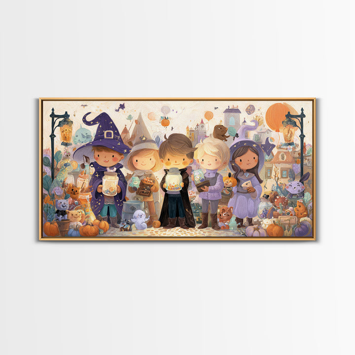 The Moonbeam Wizard, Whimsical Halloween Art, Wide Panoramic Art, Canvas Print, Halloween Kids Decor, Whimsical Wall Art, Horror Wall Art