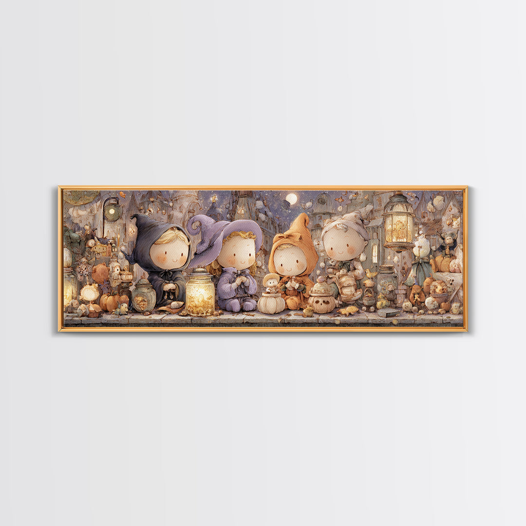 The Moonbeam Wizard, Whimsical Halloween Art, Extra Wide Wall Art, Framed Canvas Print, Halloween Kids Decor, Whimsical Wall Art