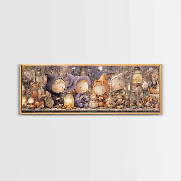The Moonbeam Wizard, Whimsical Halloween Art, Extra Wide Wall Art, Framed Canvas Print, Halloween Kids Decor, Whimsical Wall Art