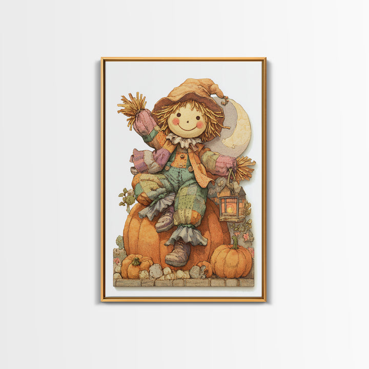 The Button-Nosed Scarecrow, Whimsical Halloween Art, Vertical Wall Art, Canvas Print, Halloween Kids Decor, Whimsical Wall Art