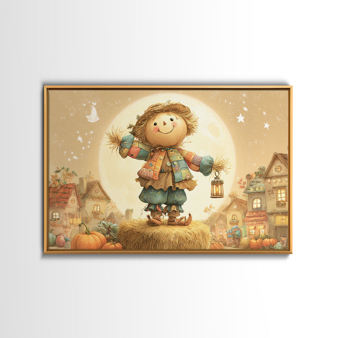 The Button-Nosed Scarecrow, Cute Spooky Wall Art, Landscape Wall Art, Canvas Print, Halloween Kids Decor, Whimsical Wall Art
