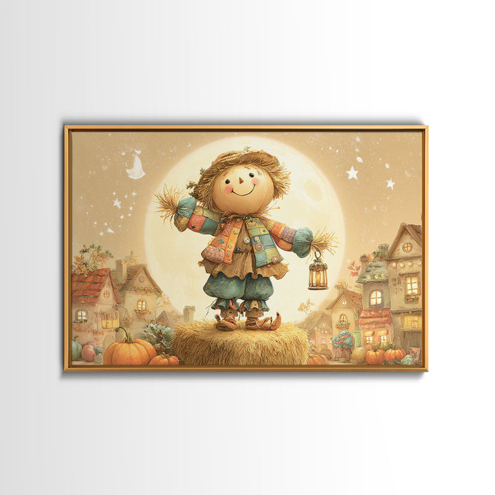 The Button-Nosed Scarecrow, Cute Spooky Wall Art, Landscape Wall Art, Canvas Print, Halloween Kids Decor, Whimsical Wall Art