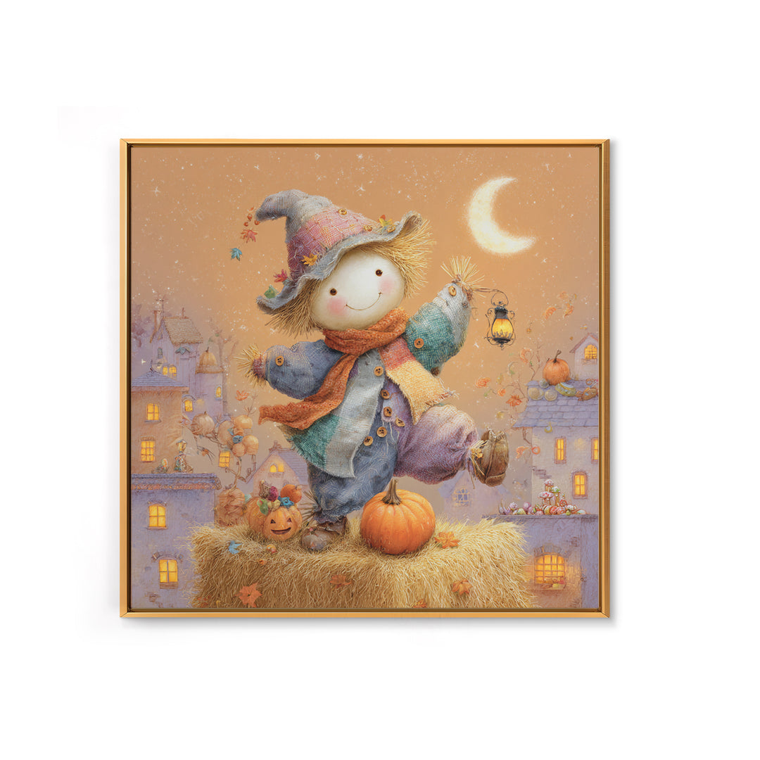 The Button-Nosed Scarecrow, Storybook Halloween Art, Square Wall Art, Canvas Print, Halloween Kids Decor, Whimsical Wall Art