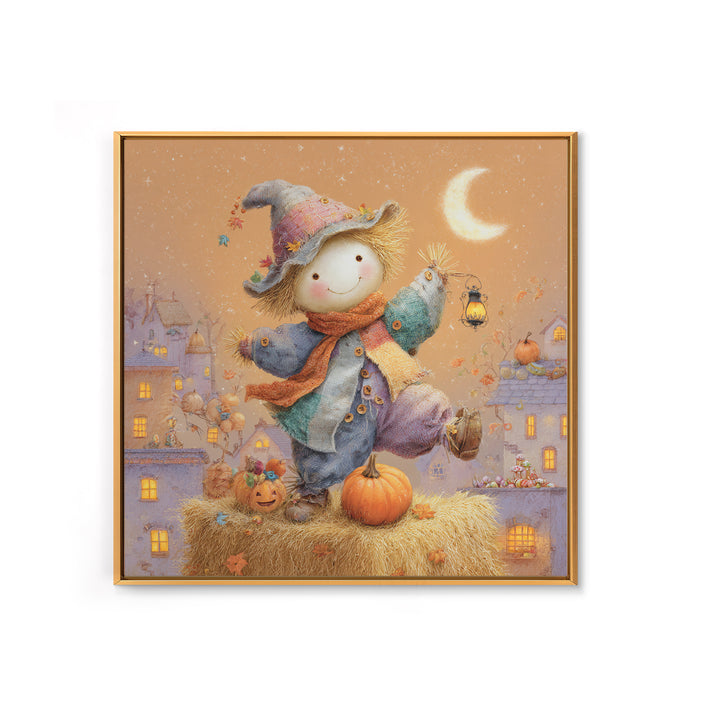 The Button-Nosed Scarecrow, Storybook Halloween Art, Square Wall Art, Canvas Print, Halloween Kids Decor, Whimsical Wall Art