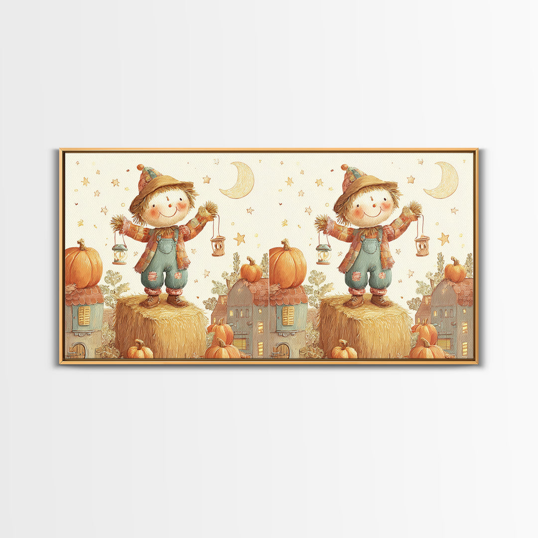 The Button-Nosed Scarecrow, Cute Halloween Wall Art, Wide Panoramic Art, Canvas Print, Halloween Kids Decor, Whimsical Wall Art