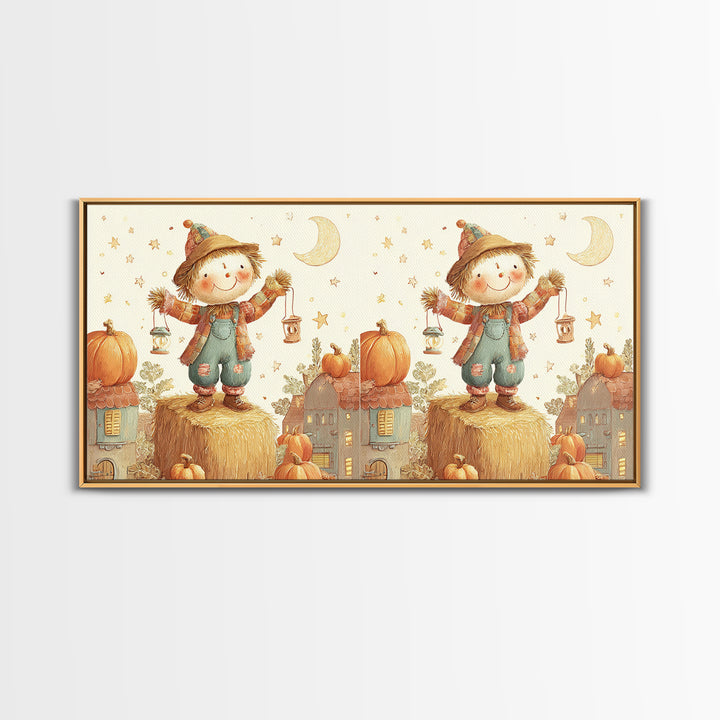 The Button-Nosed Scarecrow, Cute Halloween Wall Art, Wide Panoramic Art, Canvas Print, Halloween Kids Decor, Whimsical Wall Art