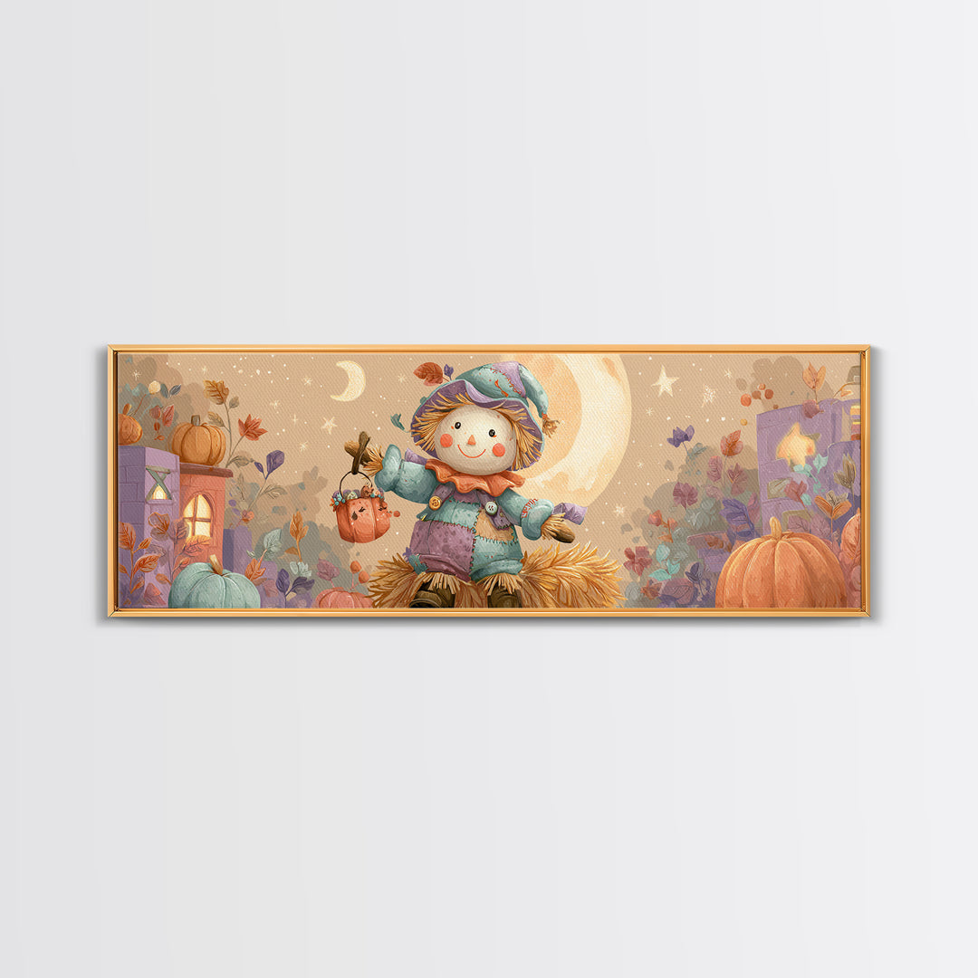 The Button-Nosed Scarecrow, Kids Halloween Decor, Extra Wide Wall Art, Canvas Print, Halloween Kids Decor, Whimsical Wall Art