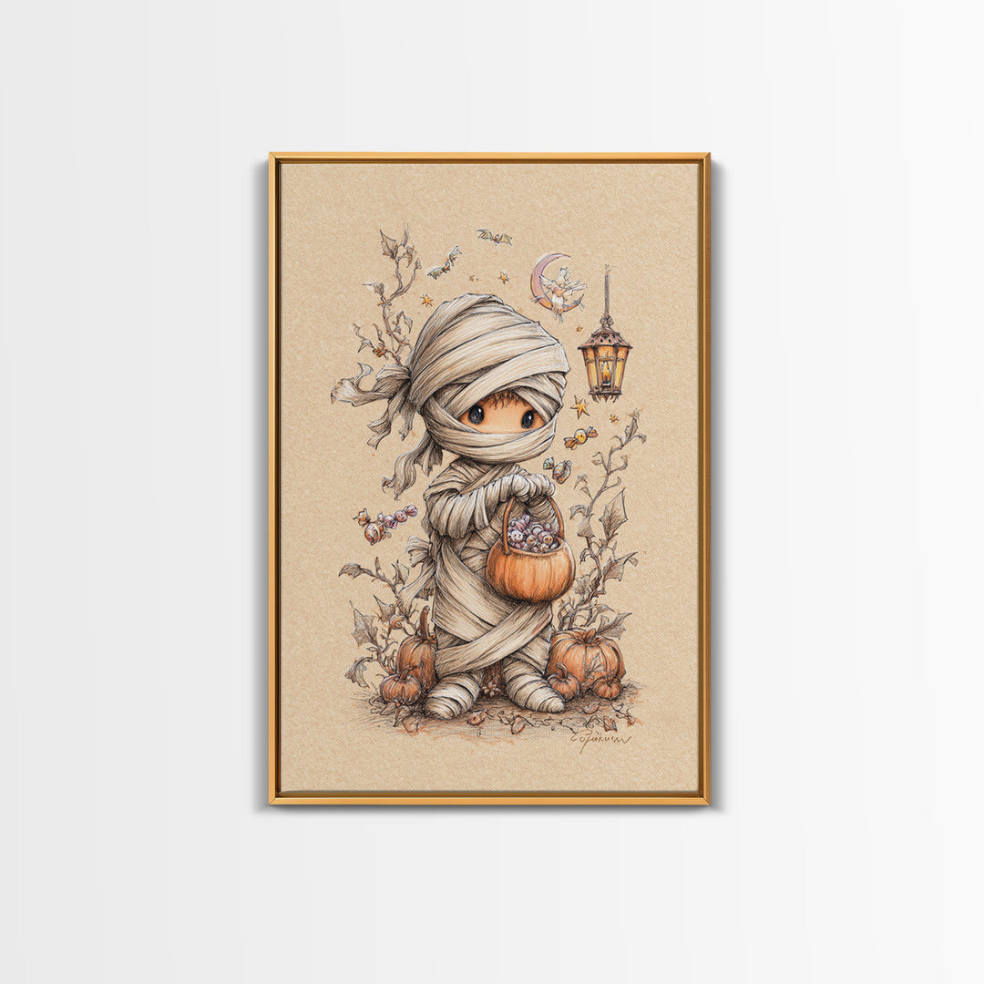 The Shy Little Mummy, Hand Sketch Halloween Art, Vertical Wall Art, Canvas Print, Cute Halloween Wall Art