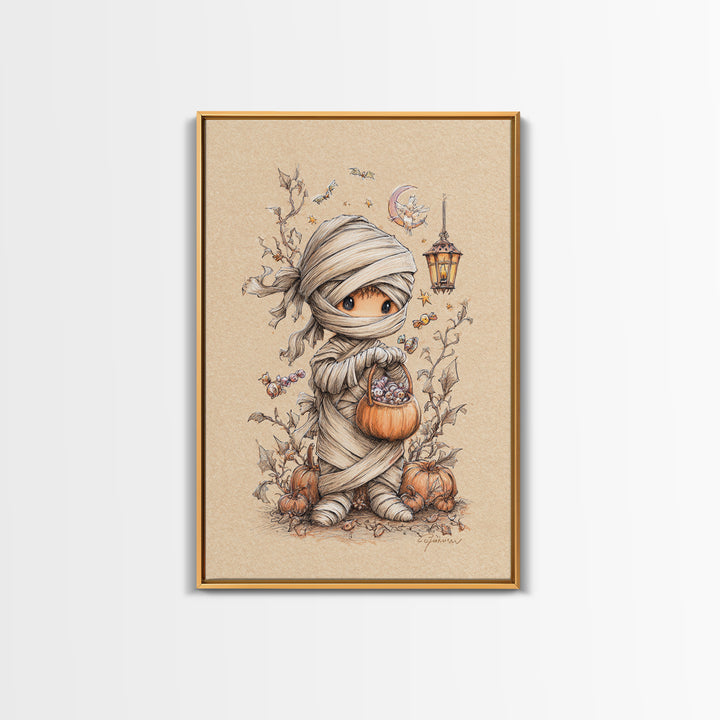 The Shy Little Mummy, Hand Sketch Halloween Art, Vertical Wall Art, Canvas Print, Cute Halloween Wall Art