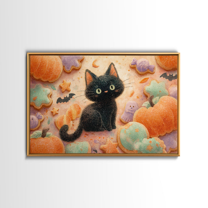 The Black Cat Baker, Watercolor Halloween Art, Landscape Wall Art, Framed Canvas Print, Cute Halloween Wall Art