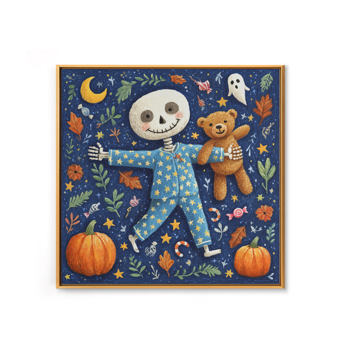 The Pajama Skeleton, Gouache Halloween Art, Square Wall Art, Canvas Print, Cute Halloween Wall Art, Halloween Kids Decor