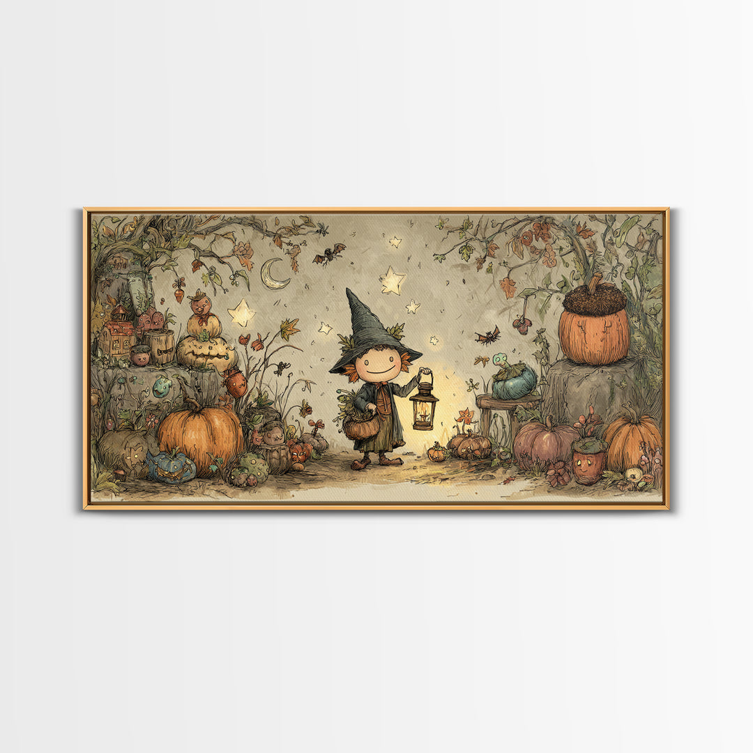 The Acorn Goblin, Crayon Halloween Art, Wide Panoramic Art, Framed Canvas Print, Cute Halloween Wall Art