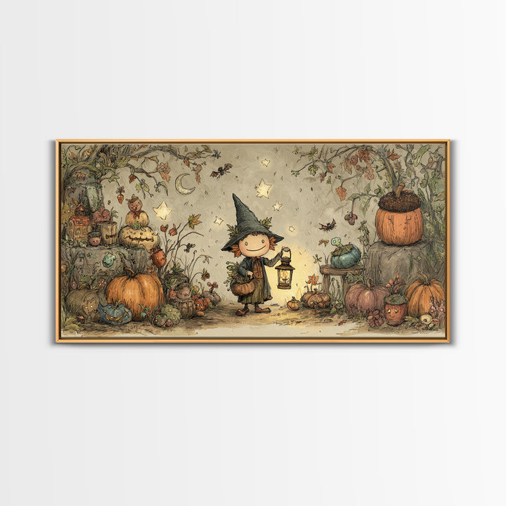 The Acorn Goblin, Crayon Halloween Art, Wide Panoramic Art, Framed Canvas Print, Cute Halloween Wall Art