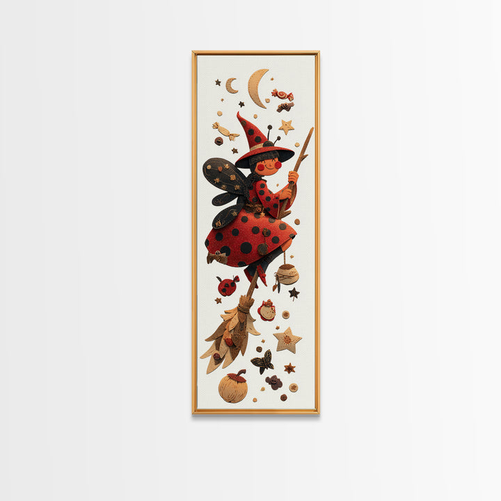 The Ladybug Witch, Paper Collage Halloween, Tall Narrow Wall Art, Framed Canvas Print, Cute Halloween Wall Art