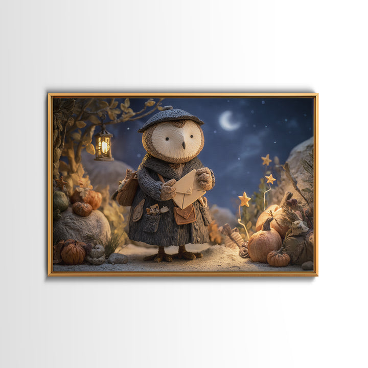 The Owl Postmaster, Clay Halloween Art, Landscape Wall Art, Framed Canvas Print, Cute Halloween Wall Art