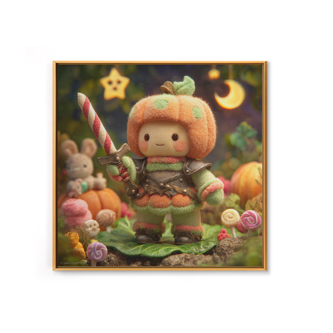 The Pumpkin Knight, Plush Halloween Art, Square Wall Art, Canvas Print, Cute Halloween Wall Art, Halloween Kids Decor