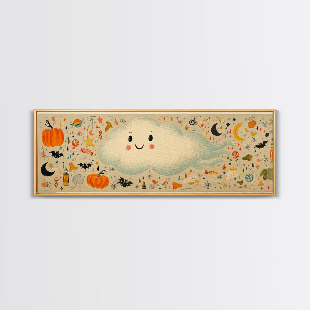 The Cloud Ghost, Retro Halloween Art, Extra Wide Wall Art, Canvas Print, Cute Halloween Wall Art, Cozy Autumn Kids Decor