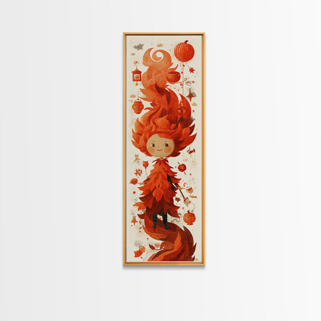 The Autumn Leaf Sprite, Screenprint Halloween Art, Tall Narrow Wall Art, Framed Canvas Print, Cute Halloween Wall Art