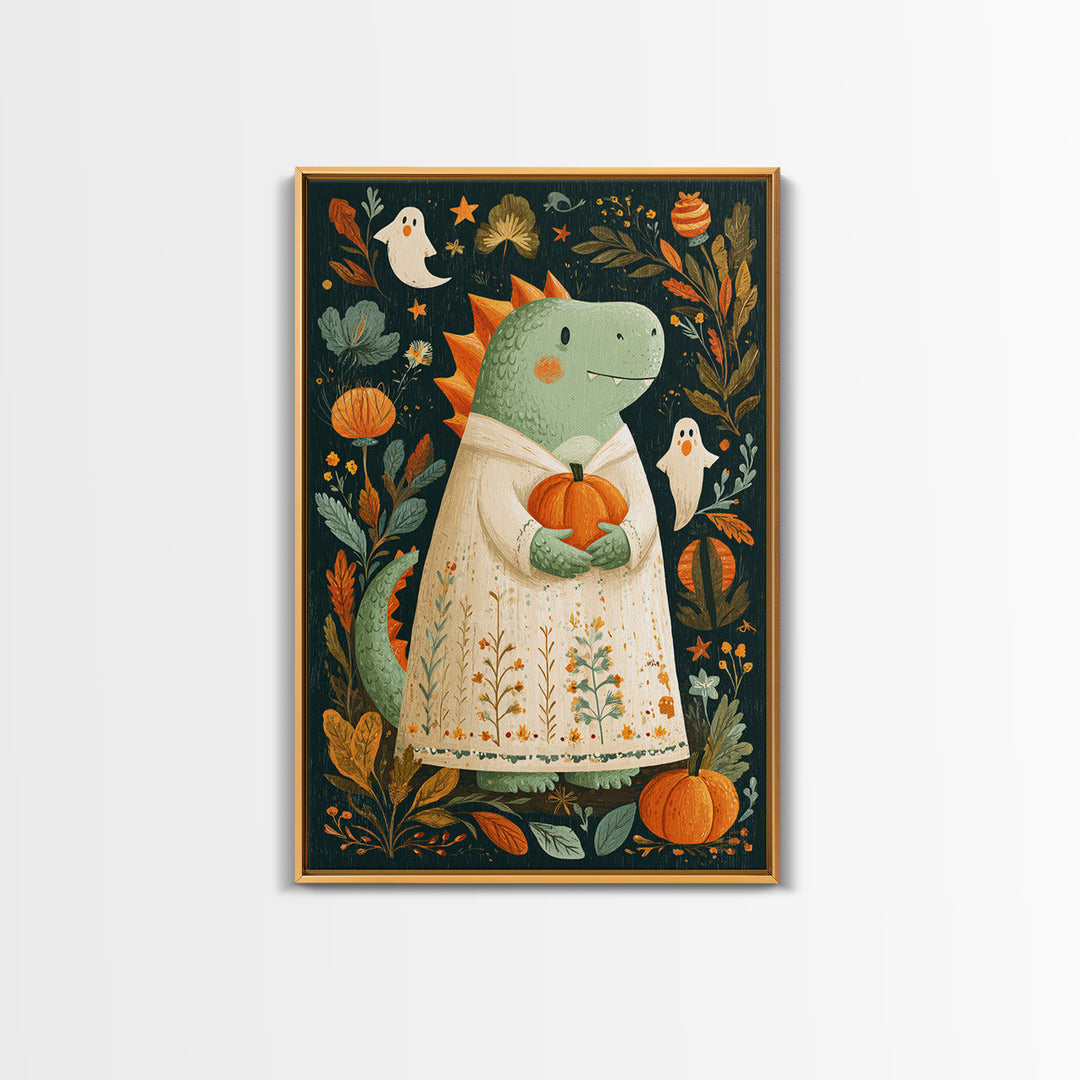 The Sleepy Costume Dragon, Folk Halloween Art, Vertical Wall Art, Canvas Print, Cute Halloween Wall Art