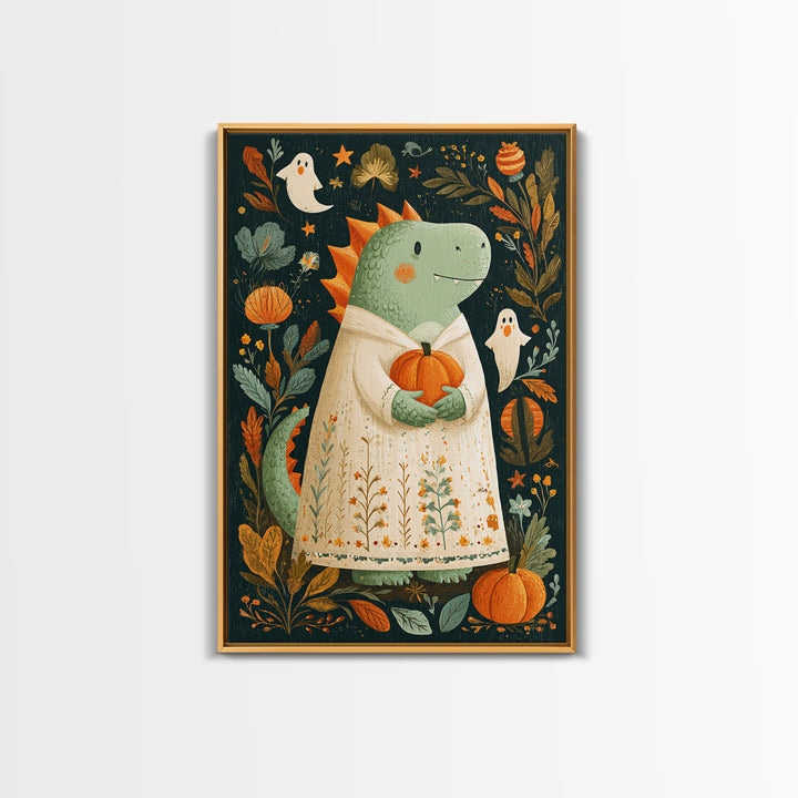 The Sleepy Costume Dragon, Folk Halloween Art, Vertical Wall Art, Canvas Print, Cute Halloween Wall Art