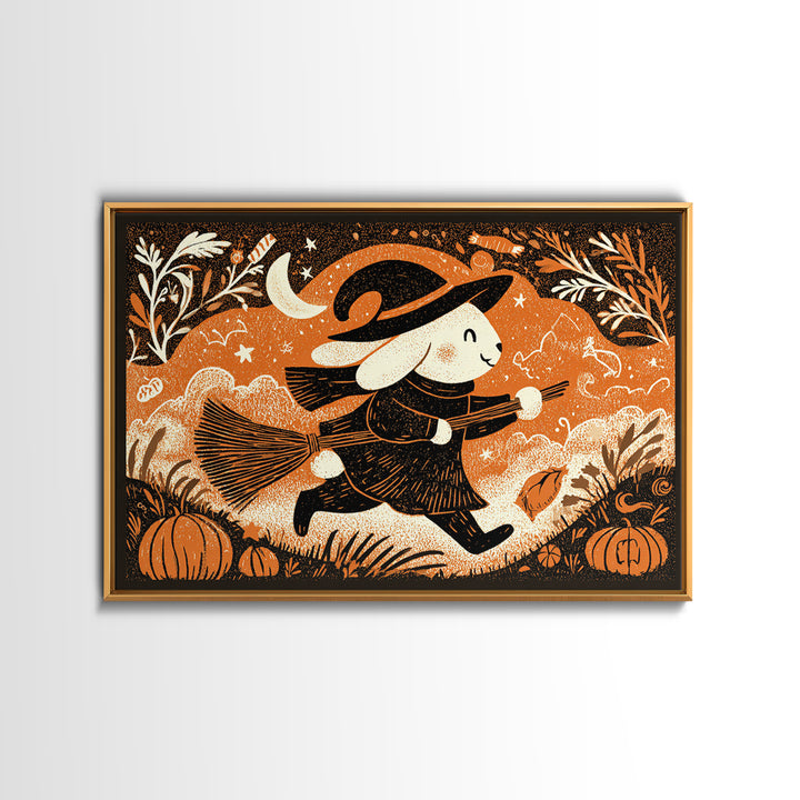 The Bunny Witch, Linocut Halloween Art, Landscape Wall Art, Framed Canvas Print, Cute Halloween Wall Art