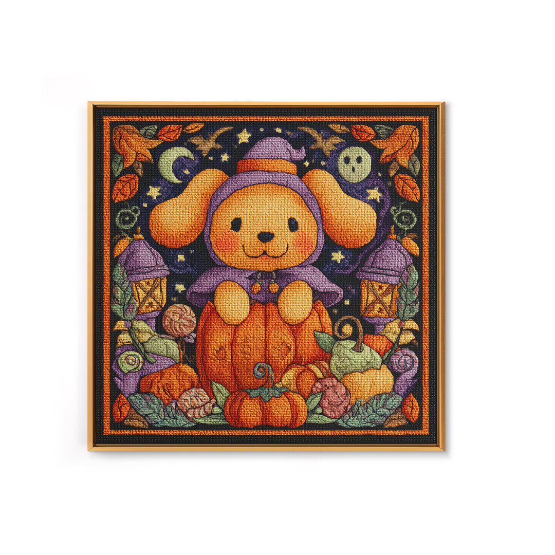The Pumpkin Puppy, Embroidered Halloween Art, Square Wall Art, Canvas Print, Cute Halloween Wall Art