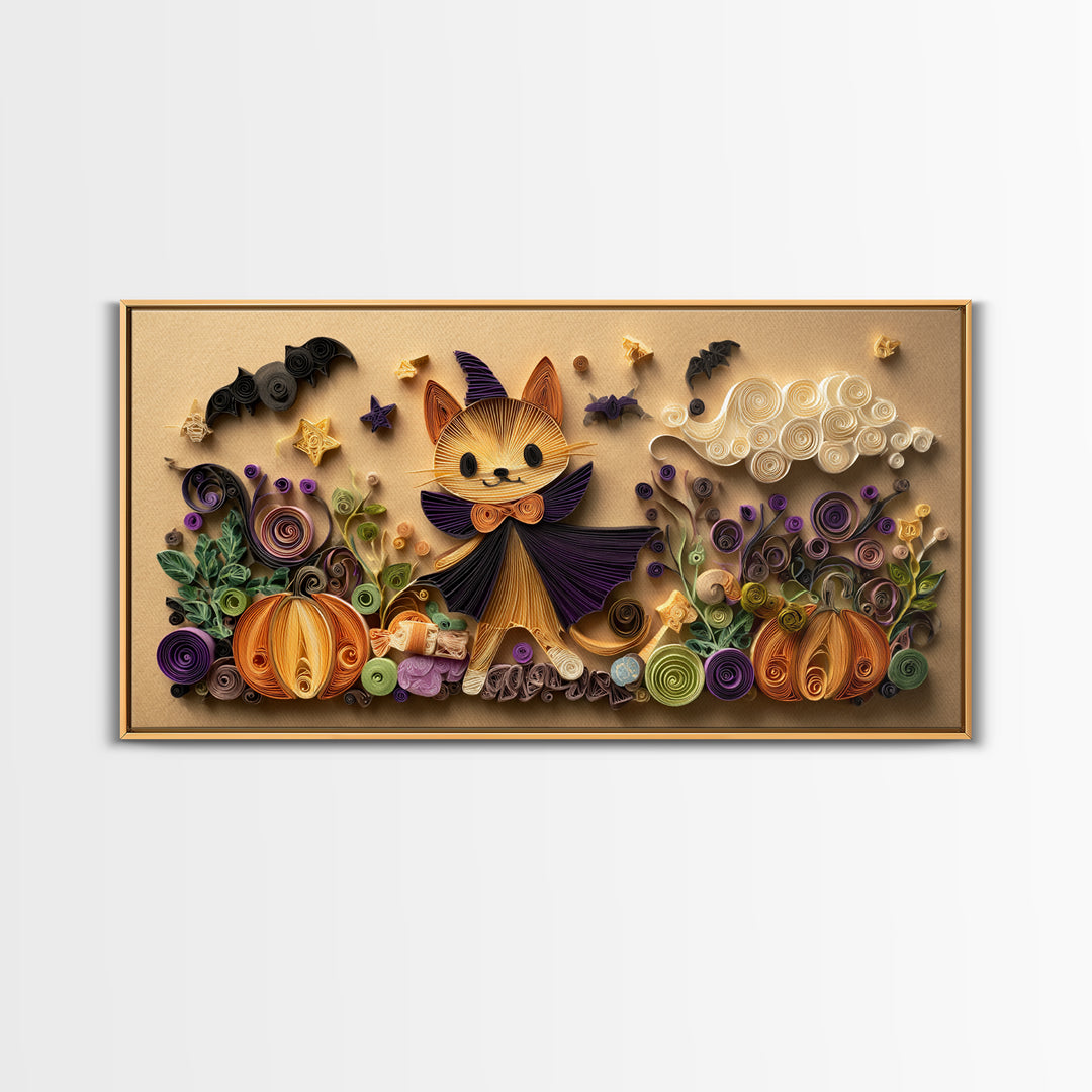 The Kitten Vampire, Quilled Halloween Art, Wide Panoramic Art, Framed Canvas Print, Cute Halloween Wall Art