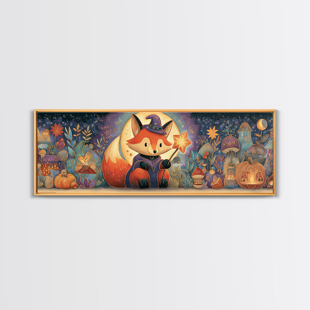 The Fox Wizard, Stained Glass Halloween, Extra Wide Wall Art, Canvas Print, Cute Halloween Wall Art, Cozy Autumn Kids Decor