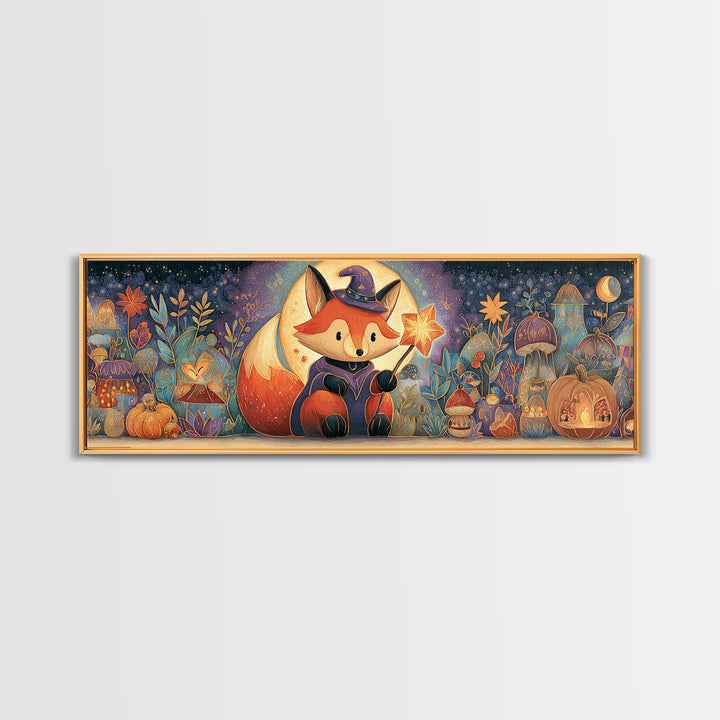 The Fox Wizard, Stained Glass Halloween, Extra Wide Wall Art, Canvas Print, Cute Halloween Wall Art, Cozy Autumn Kids Decor