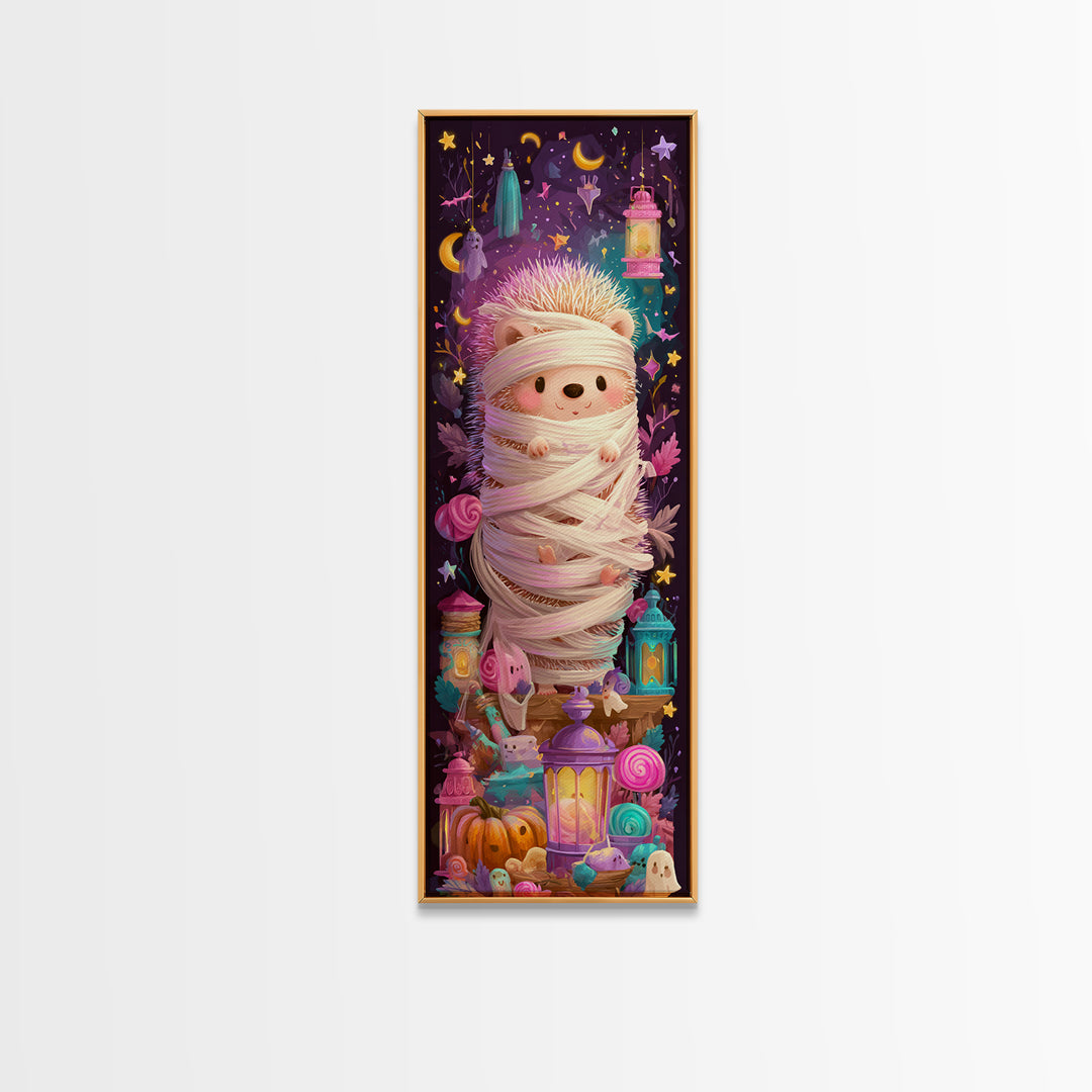 The Hedgehog Mummy, Vaporwave Halloween Art, Tall Narrow Wall Art, Framed Canvas Print, Cute Halloween Wall Art