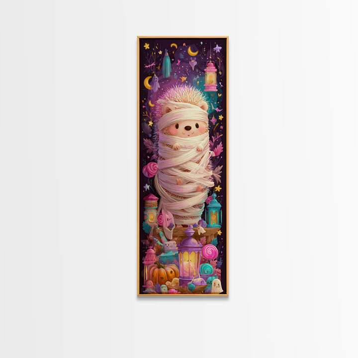 The Hedgehog Mummy, Vaporwave Halloween Art, Tall Narrow Wall Art, Framed Canvas Print, Cute Halloween Wall Art