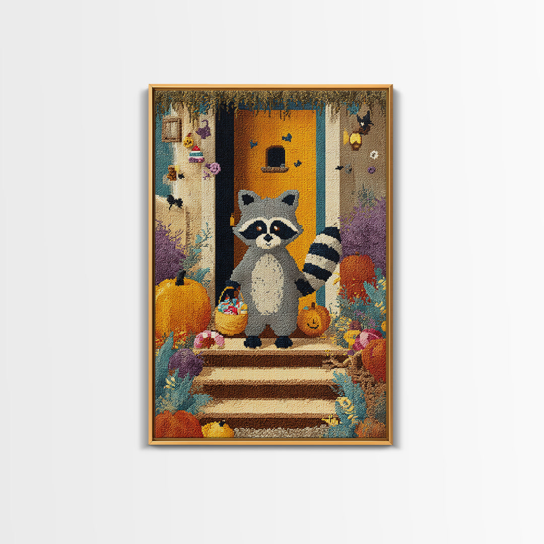 The Raccoon Trick-Or-Treater, Pixel Halloween Art, Vertical Wall Art, Canvas Print, Cute Halloween Wall Art
