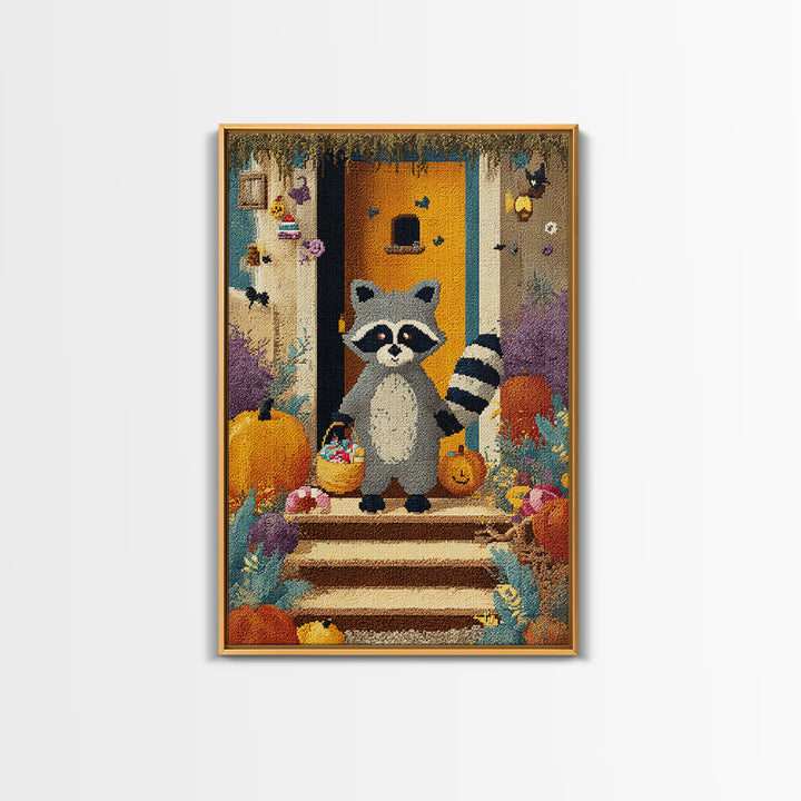 The Raccoon Trick-Or-Treater, Pixel Halloween Art, Vertical Wall Art, Canvas Print, Cute Halloween Wall Art