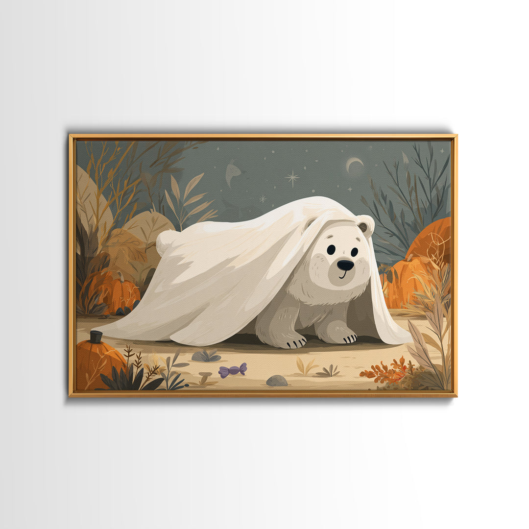 The Bear Cub Ghost, Vector Halloween Art, Landscape Wall Art, Framed Canvas Print, Cute Halloween Wall Art