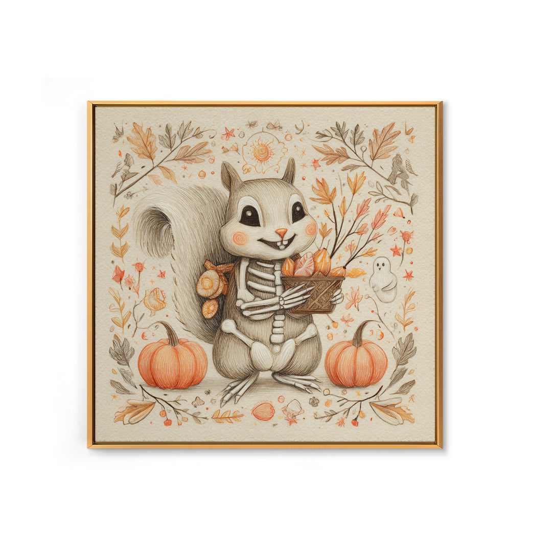 The Squirrel Skeleton, Hand Sketch Halloween Art, Square Wall Art, Canvas Print, Cute Halloween Wall Art