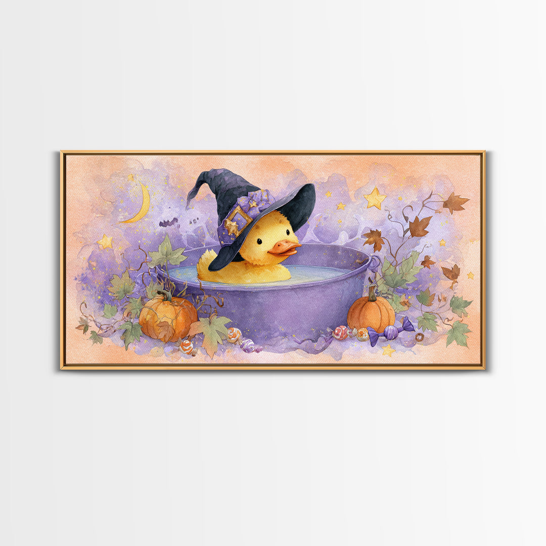 The Duckling Witch, Watercolor Halloween Art, Wide Panoramic Art, Framed Canvas Print, Cute Halloween Wall Art