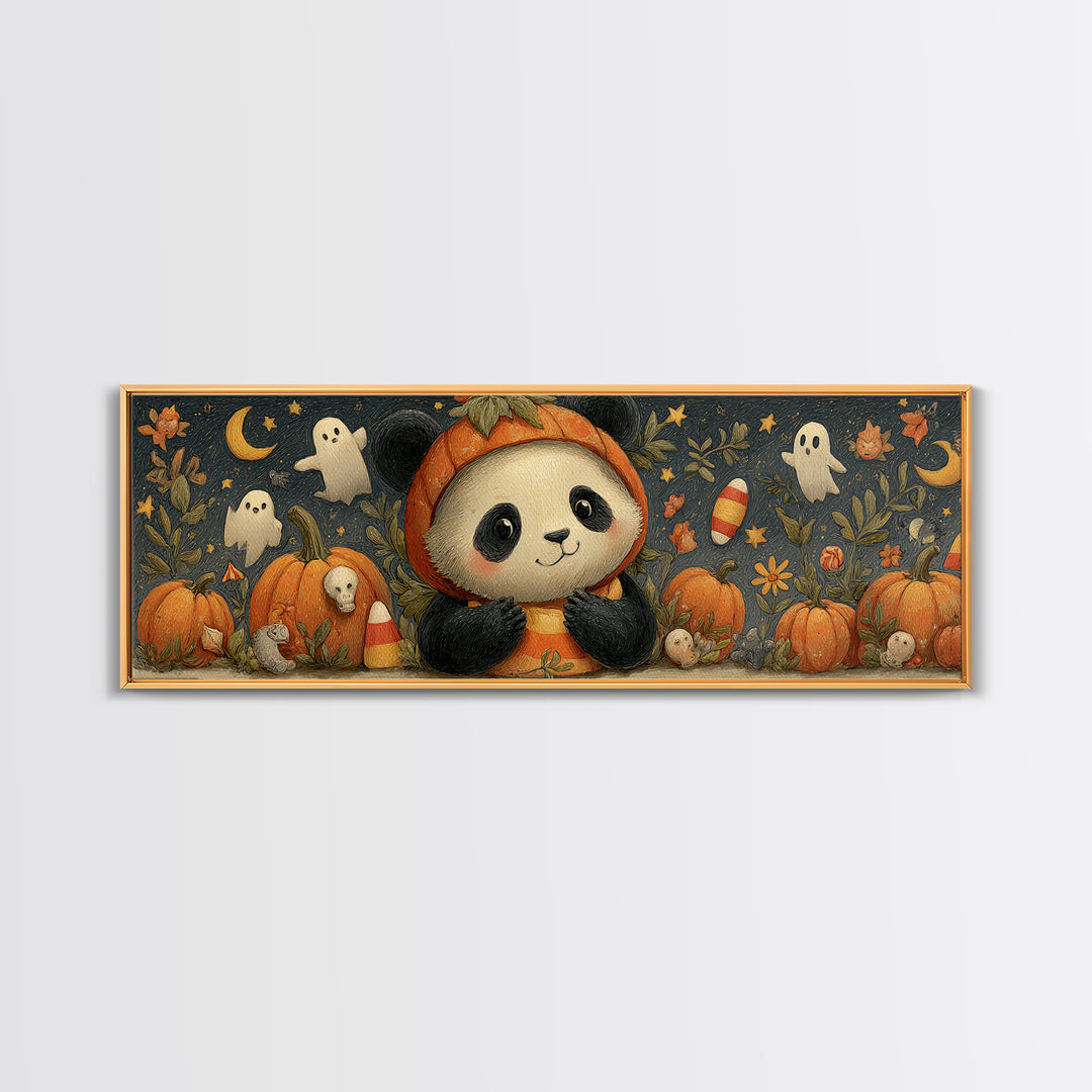The Panda Pumpkin, Gouache Halloween Art, Extra Wide Wall Art, Canvas Print, Cute Halloween Wall Art