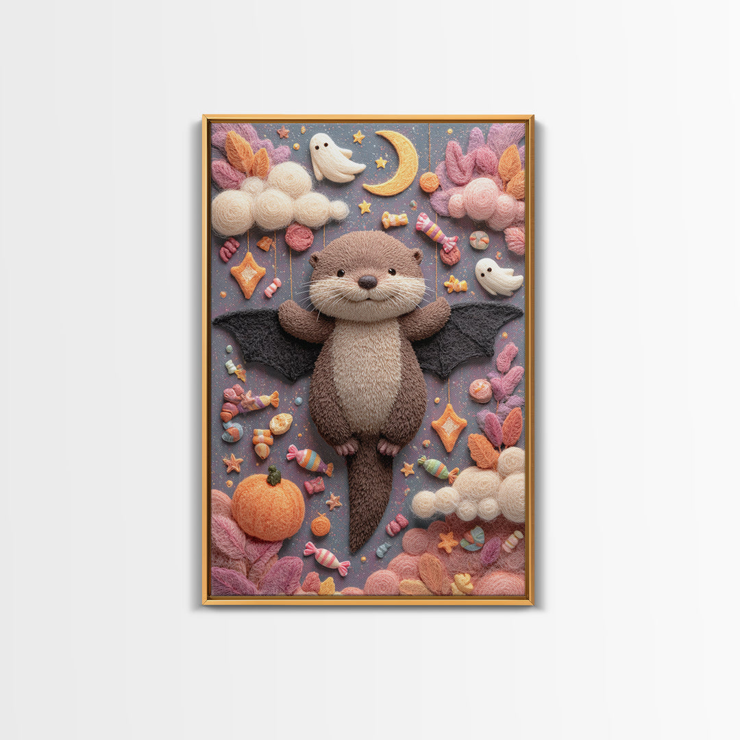 The Bat-Winged Otter, Pastel Halloween Art, Vertical Wall Art, Canvas Print, Cute Halloween Wall Art
