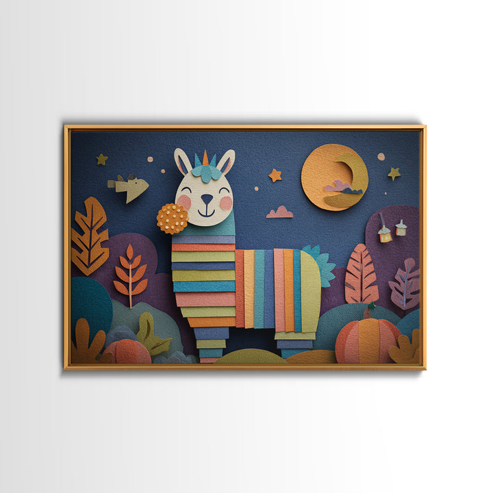 The Llama Mummy, Paper Collage Halloween, Landscape Wall Art, Framed Canvas Print, Cute Halloween Wall Art