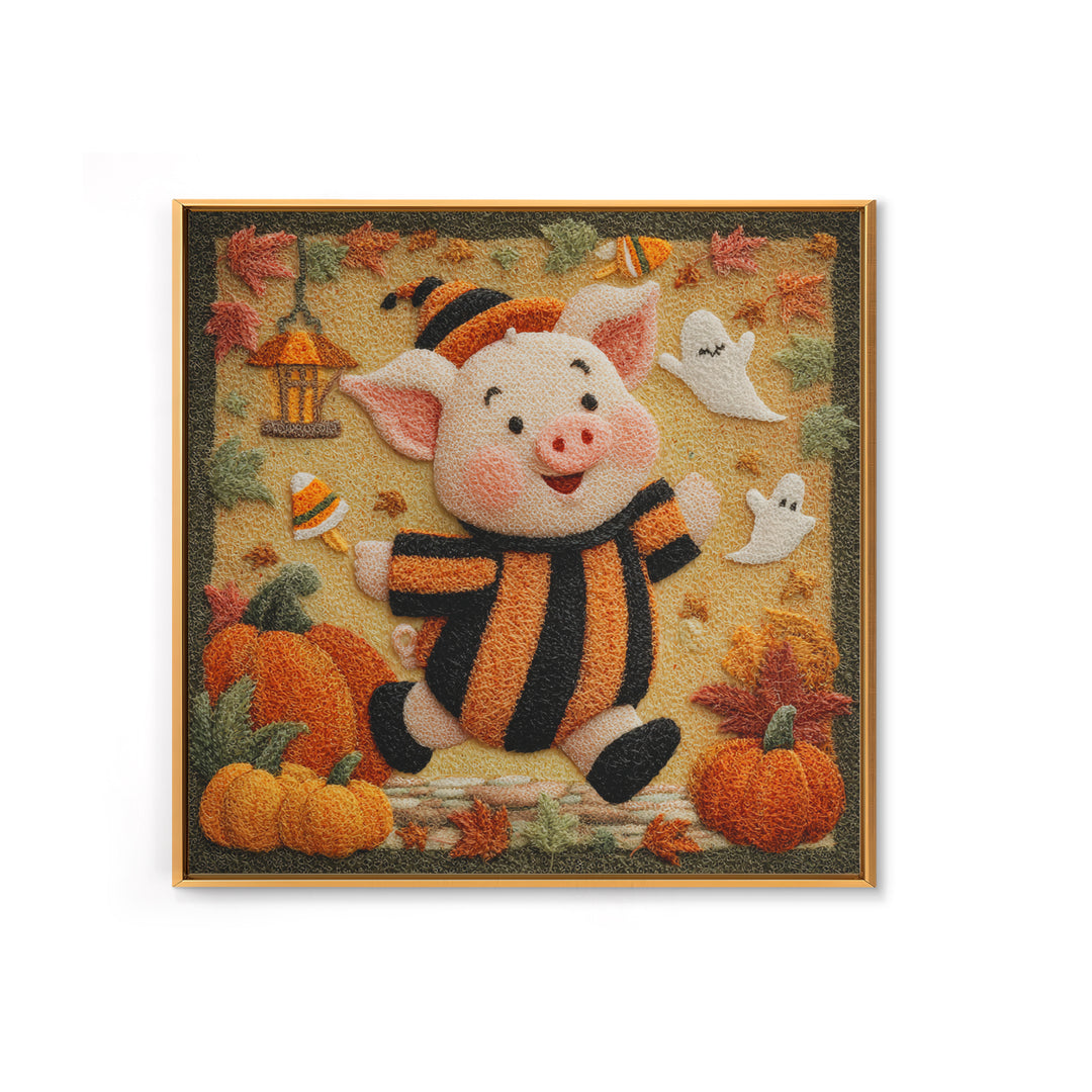 The Candy Corn Piglet, Felt Halloween Art, Square Wall Art, Canvas Print, Cute Halloween Wall Art, Halloween Kids Decor
