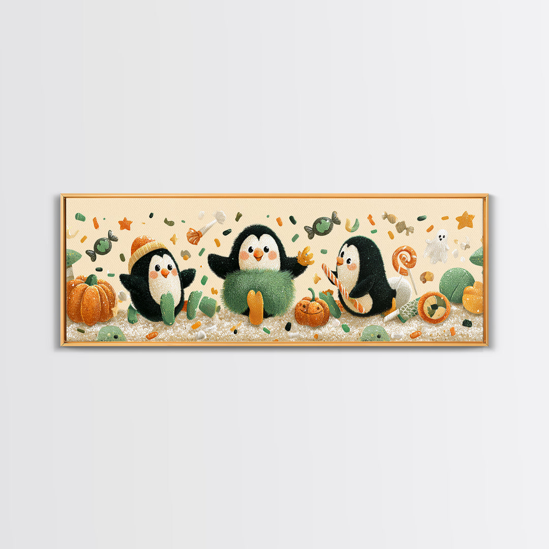The Penguin Monster, Plush Halloween Art, Extra Wide Wall Art, Canvas Print, Cute Halloween Wall Art